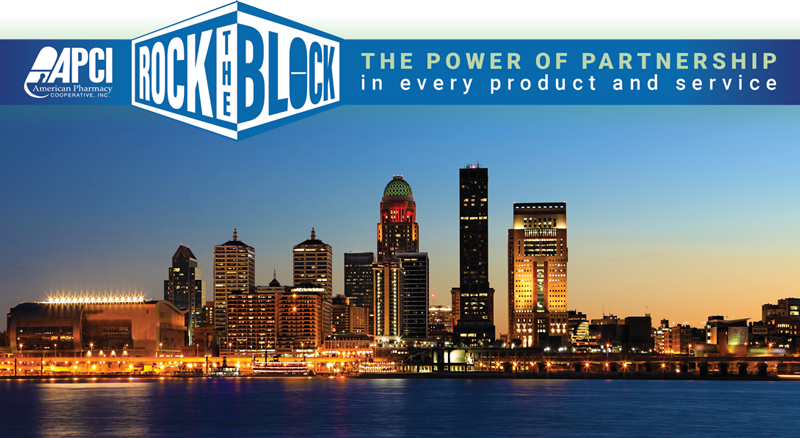 The APCI 'Rock the Block theme logo superimposed over a nightime view of the Louisville skyline'