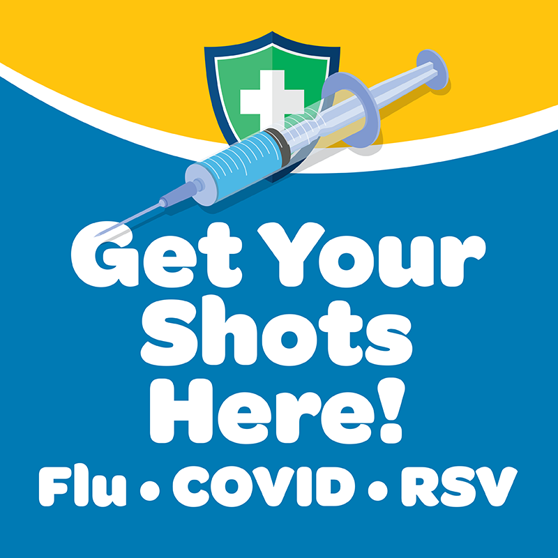 Image of a window sign promoting flu, RSV, and Covid vaccinations from the APCI Immunization Marketing Materials